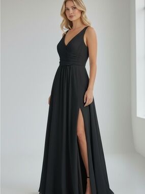 RYANTH Elegant Black V-Neck Evening Dress Size